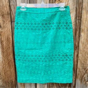 Turquoise cotton Loft skirt with embroidery zip and slit back, Size 2, Waist 28”
